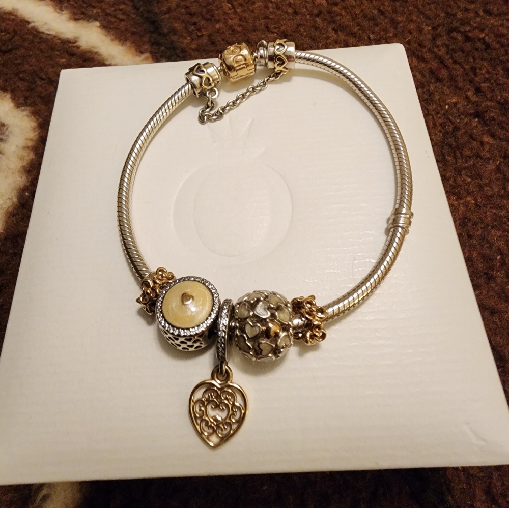 Pandora 14k Gold And Silver Braclet And Charms Set